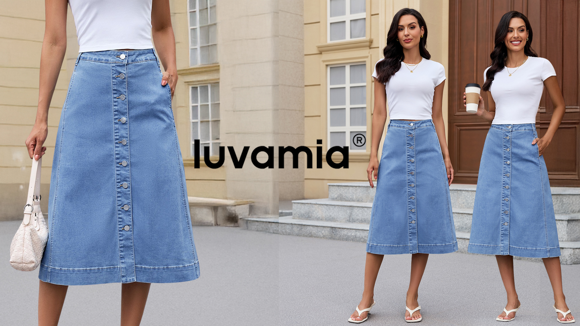 luvamia Jean Skirts for Women Trendy Midi Length A Line Midi Blue